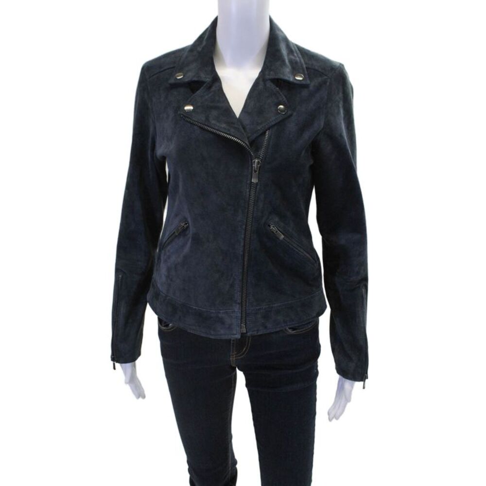 Designer Womens Suede Textured Collared Long Sleeve Zip Crop Jacket Navy Size S